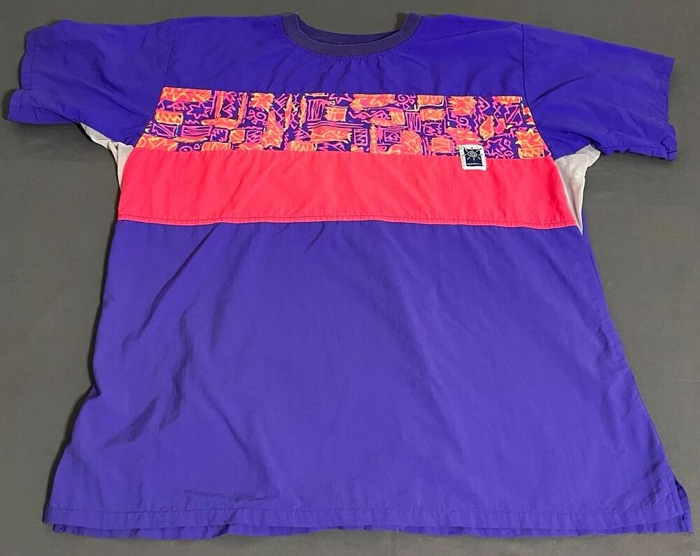 VTG 90s SunSkins Mens L Nylon Colorblock Shirt Neon Pink Purple Geometric Surf